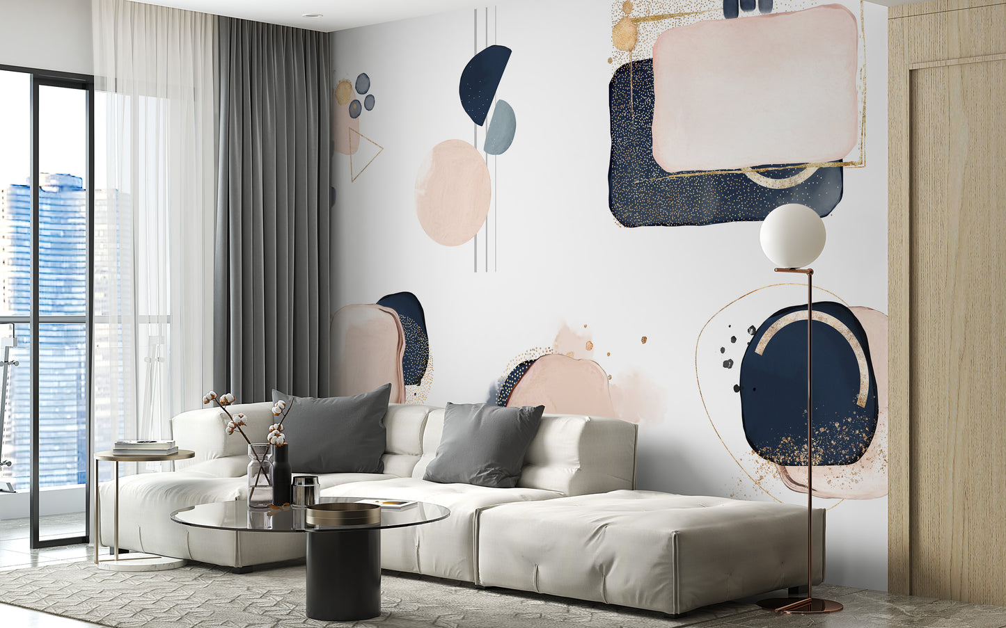 Pink and blue geometric mural for contemporary and bold interiors.