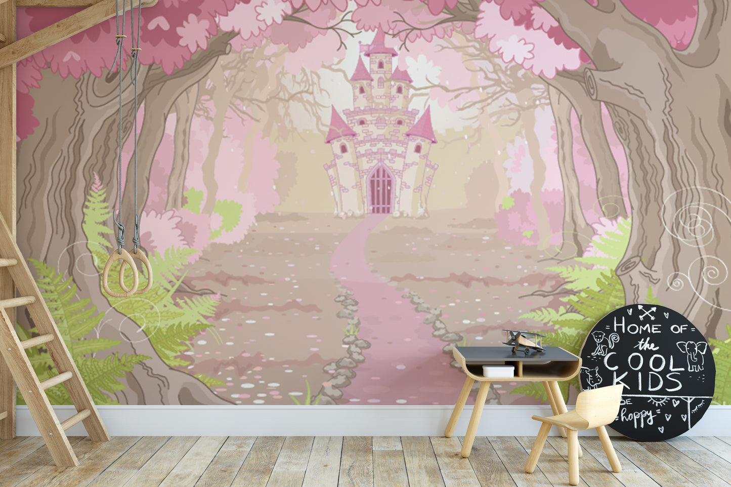 Majestic castle mural with dreamy details for a magical atmosphere.