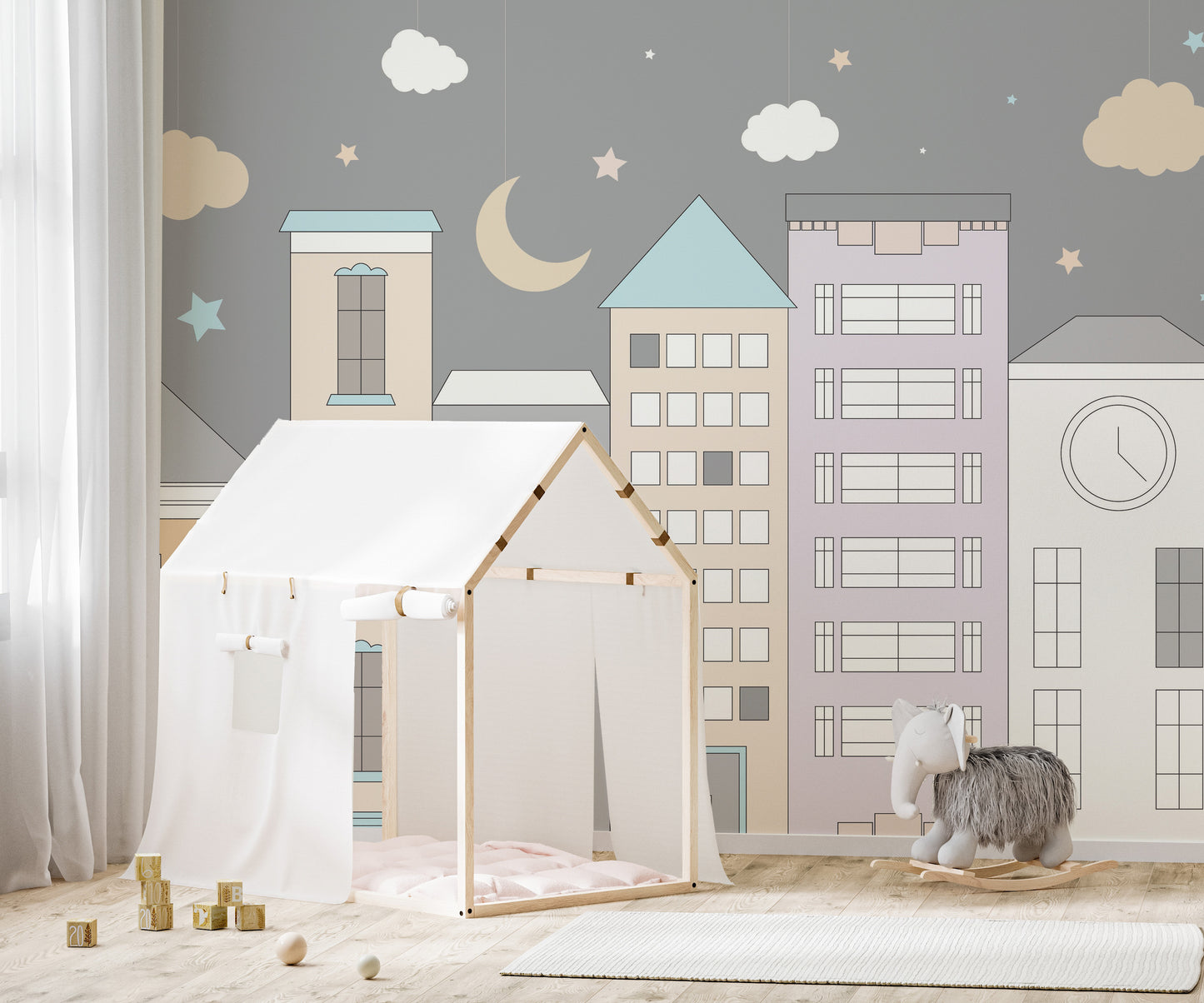 Colorful playful town mural adding energy to kids' spaces.