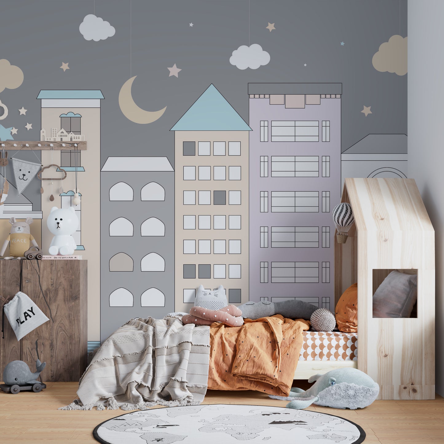 Playful town-themed mural for bright and imaginative interiors.