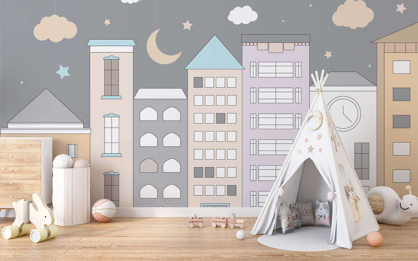 Playful town mural showcasing lively streets and fun activities.