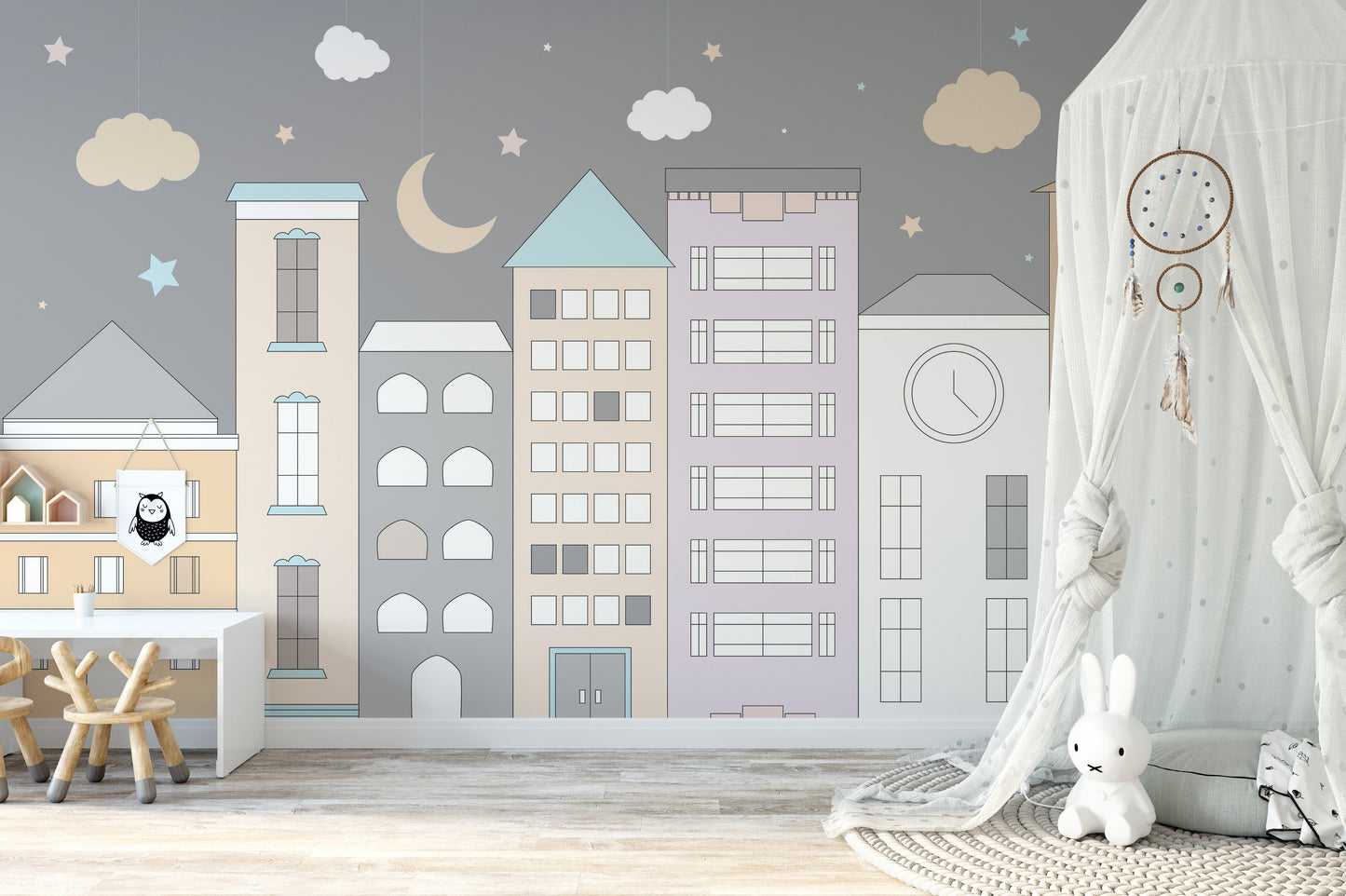 Town-themed mural with playful adventures for kids' room decor.