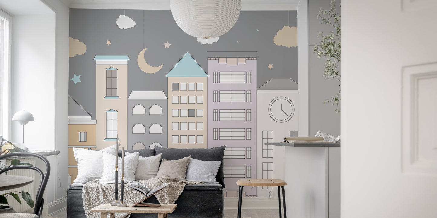 Playful town adventures mural with whimsical charm for walls.
