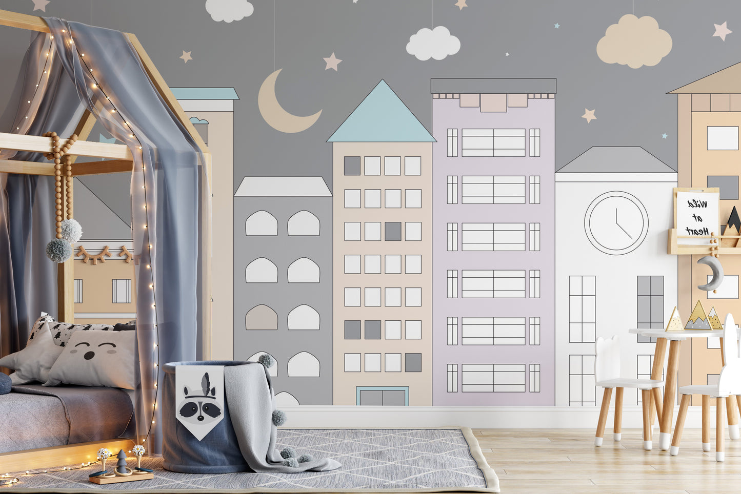 Vibrant wall mural featuring a playful town adventure scene.