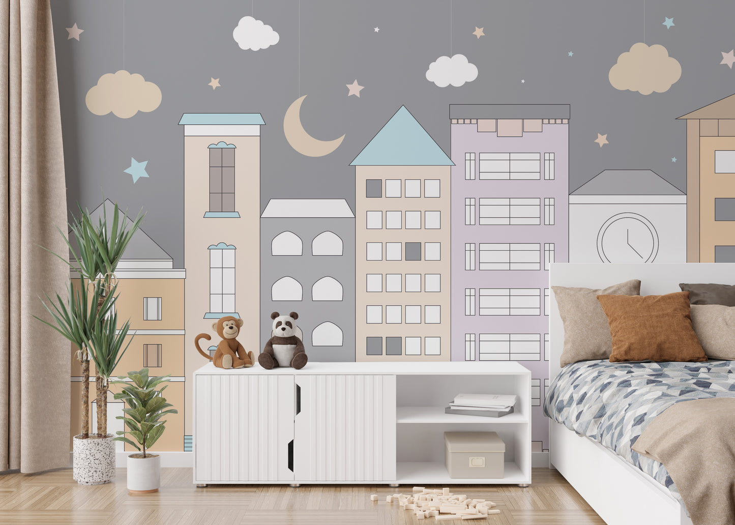 Playful town adventures mural with colorful buildings and streets.