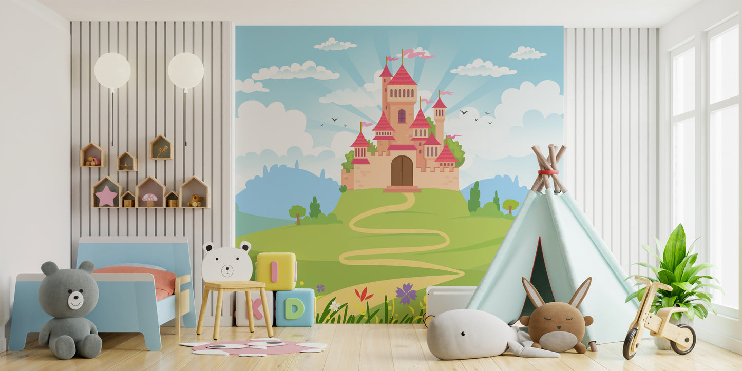 Princess castle wallpaper mural with enchanting fairytale charm.