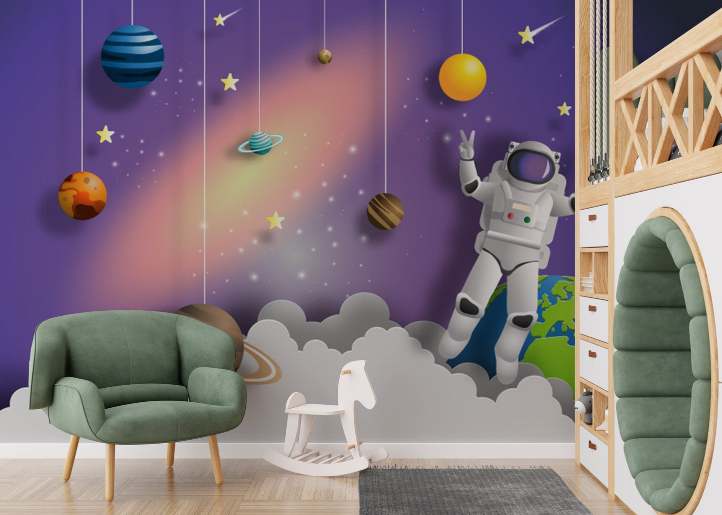 Outer space mural with stars, planets, and floating astronauts.