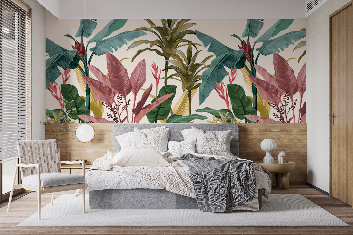 Artistic tropical bliss mural with vibrant banana leaf patterns.