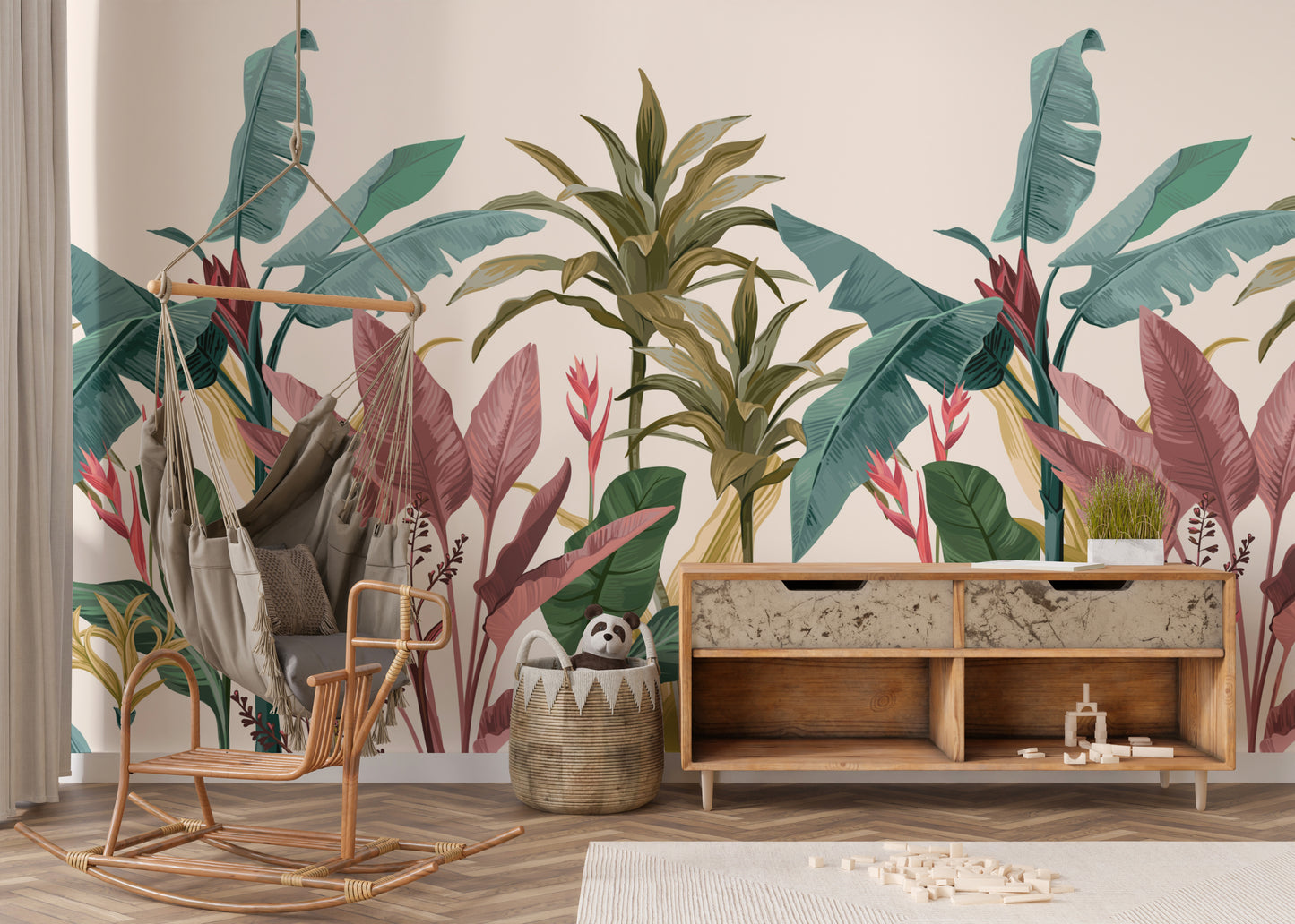 Banana leaves mural showcasing lush tropical vibes for decor.