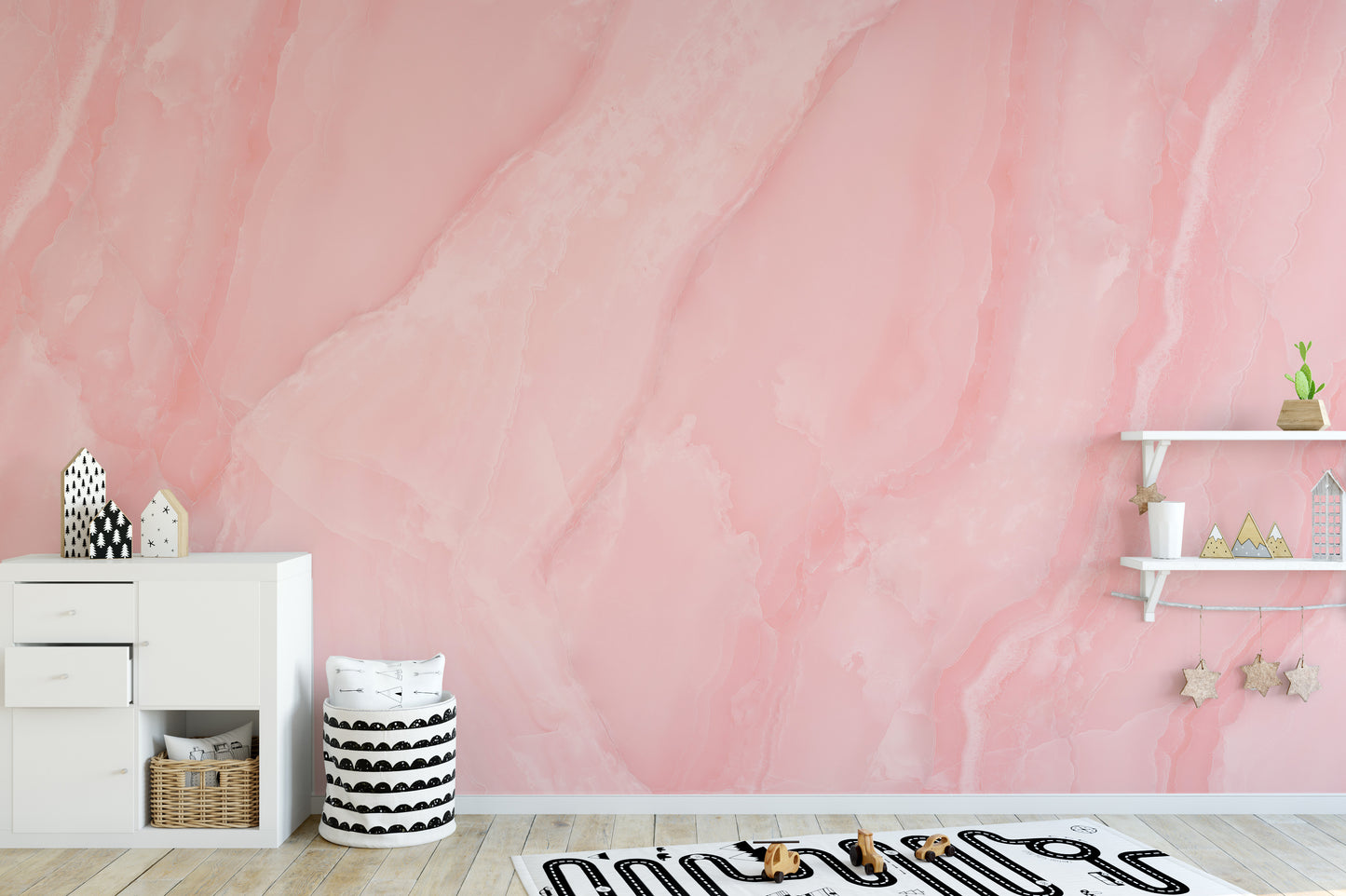 Rose quartz mural blending marble textures and delicate pink hues.