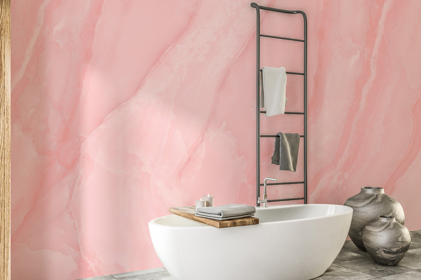 Rose quartz marble wallpaper mural with soft pink veining design.