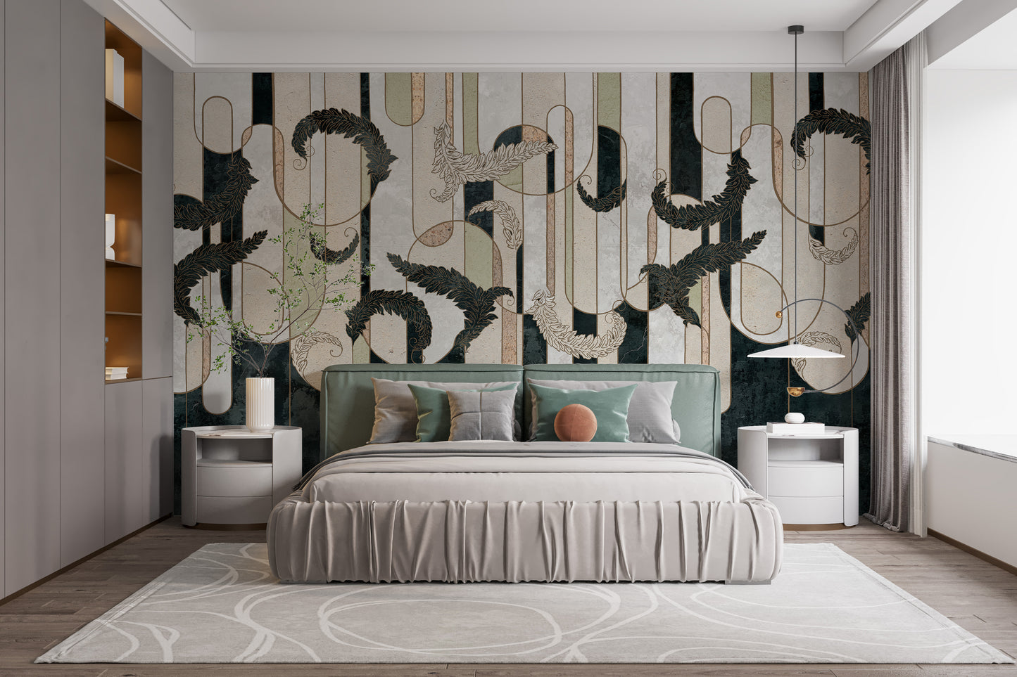 Urban-inspired mural featuring dark green geometry on concrete walls.