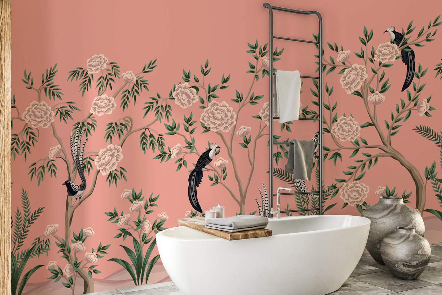 Chinoiserie mural with rustic floral elements for sophisticated decor.