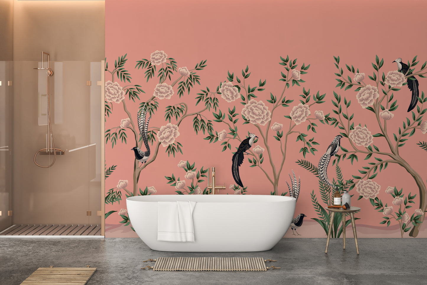 Wall mural showcasing chinoiserie floral patterns with rustic accents.