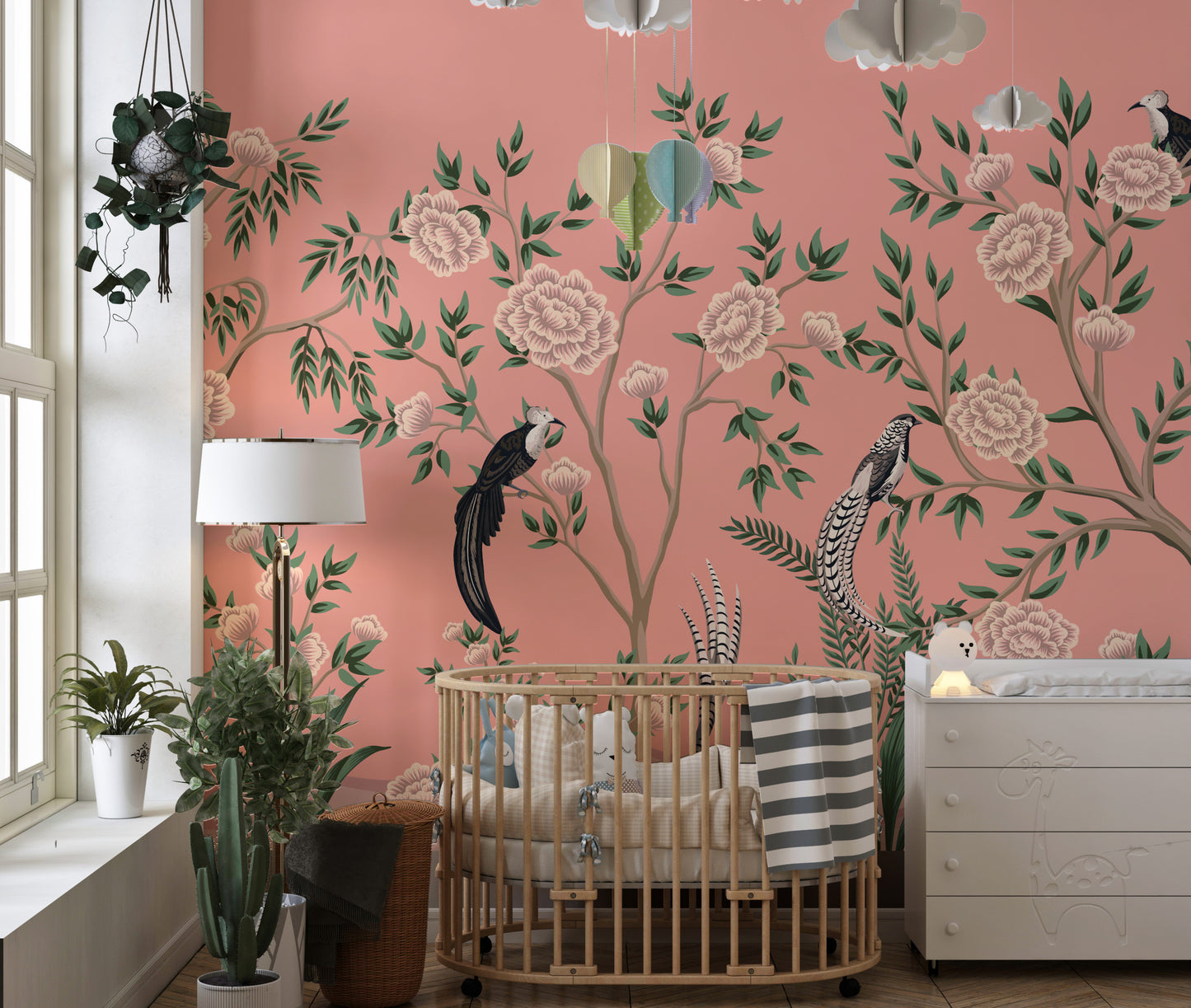 Rustic floral mural adding timeless elegance to chinoiserie interiors.
