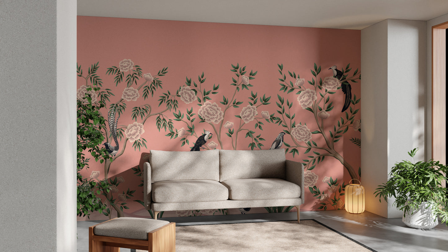 Rustic chinoiserie floral mural with elegant vintage-inspired blooms.