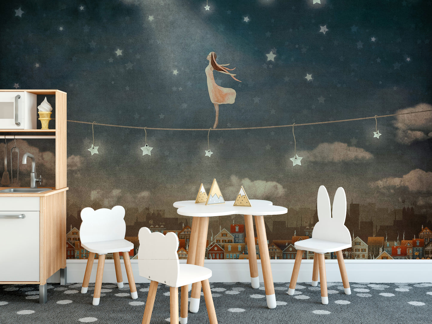 Whimsical mural with cute houses in a magical midnight setting.