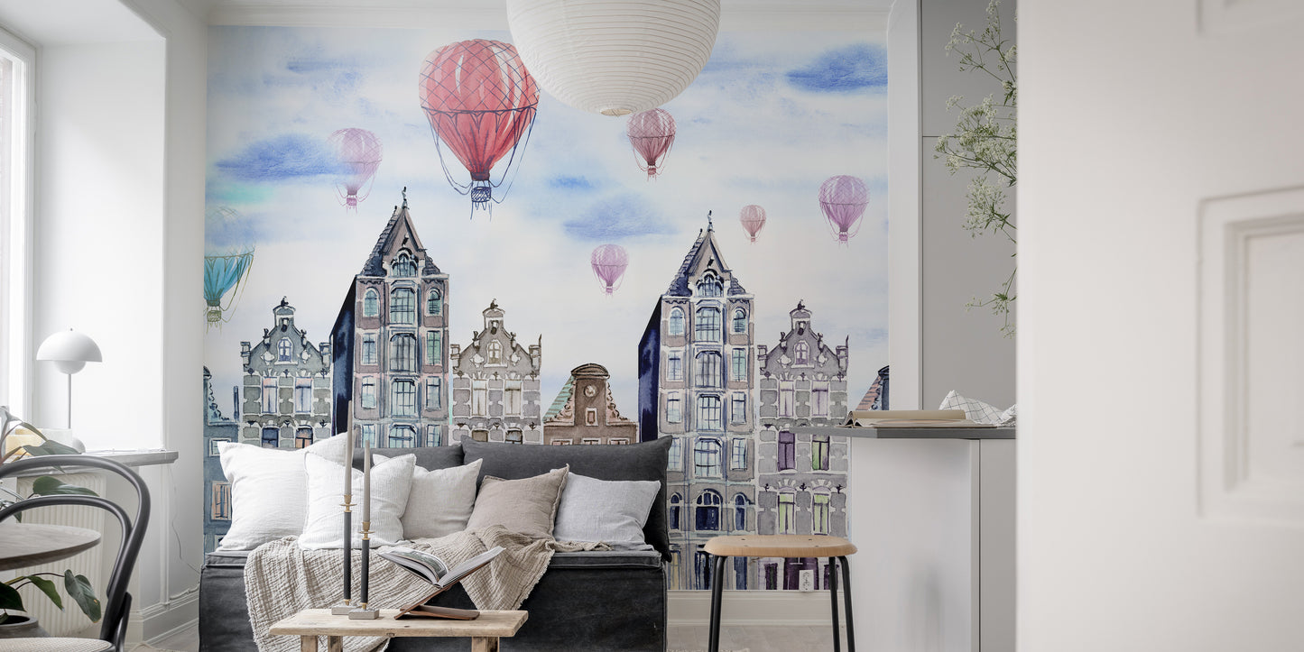 Watercolor cityscape mural blending Amsterdam's charm with artistry.
