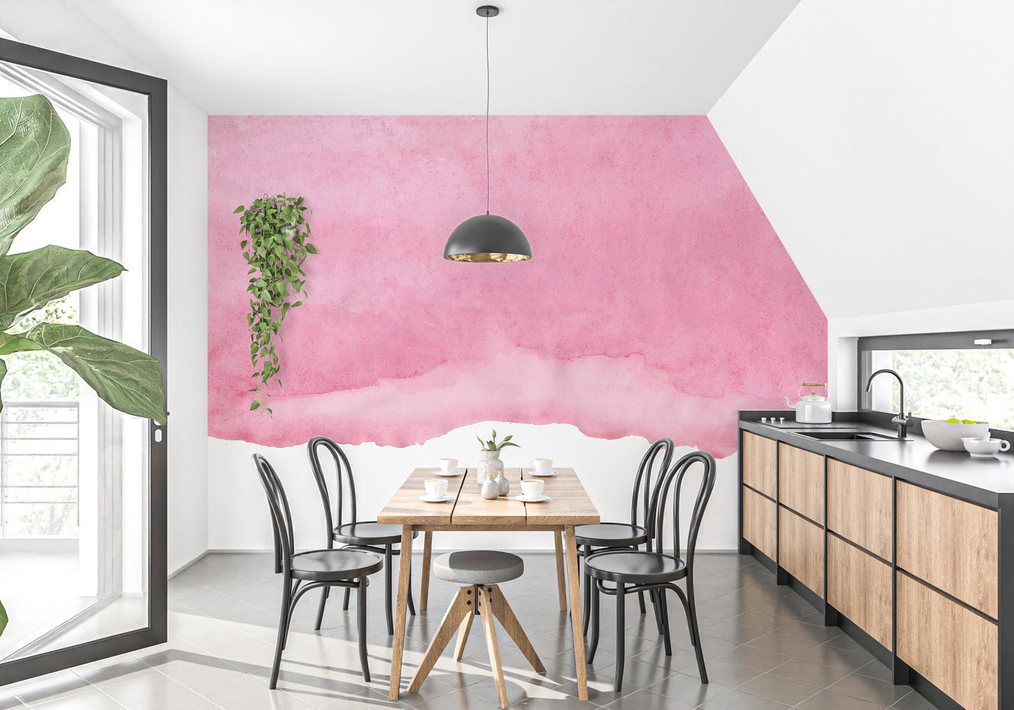 Romantic pink mural showcasing watercolor shades for modern decor.