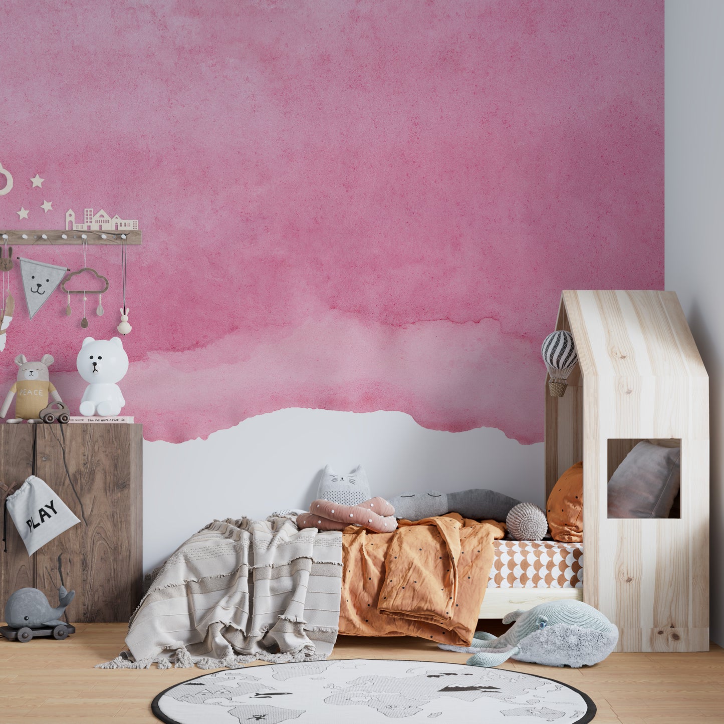 Watercolor pink shades mural adding romance to graceful walls.