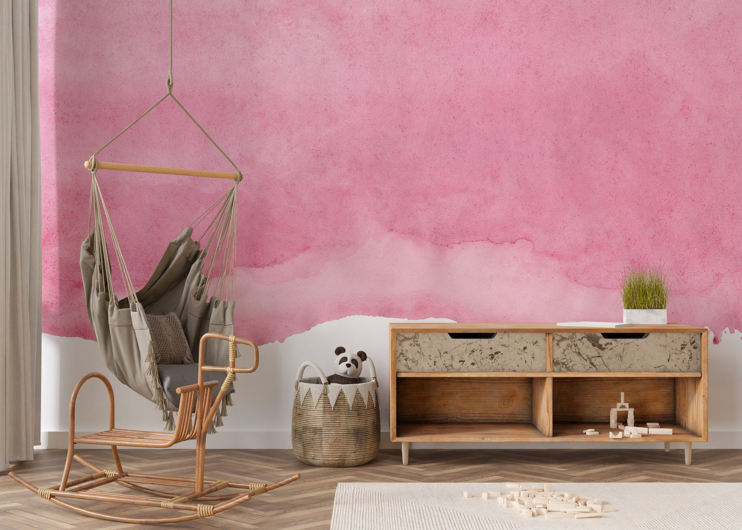 Elegant wallpaper mural with soft pink watercolor artistry.