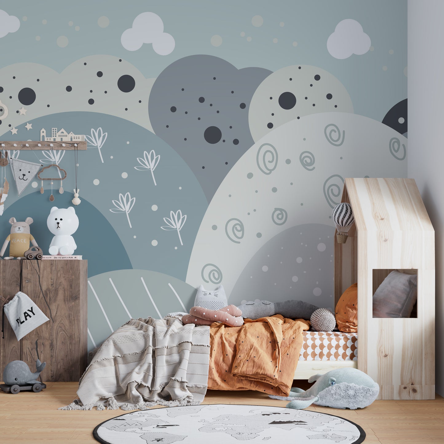 Magical mountain land mural adding elegance to modern interiors.
