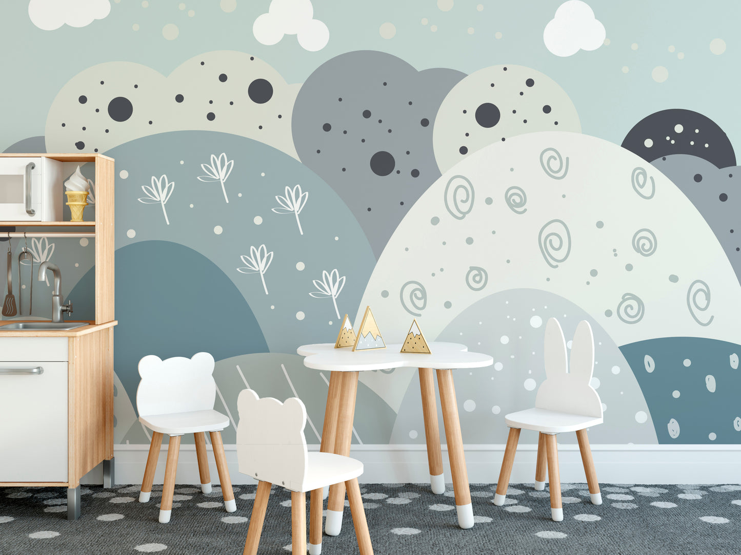 Scenic mural featuring a magical mountain land for tranquil decor.