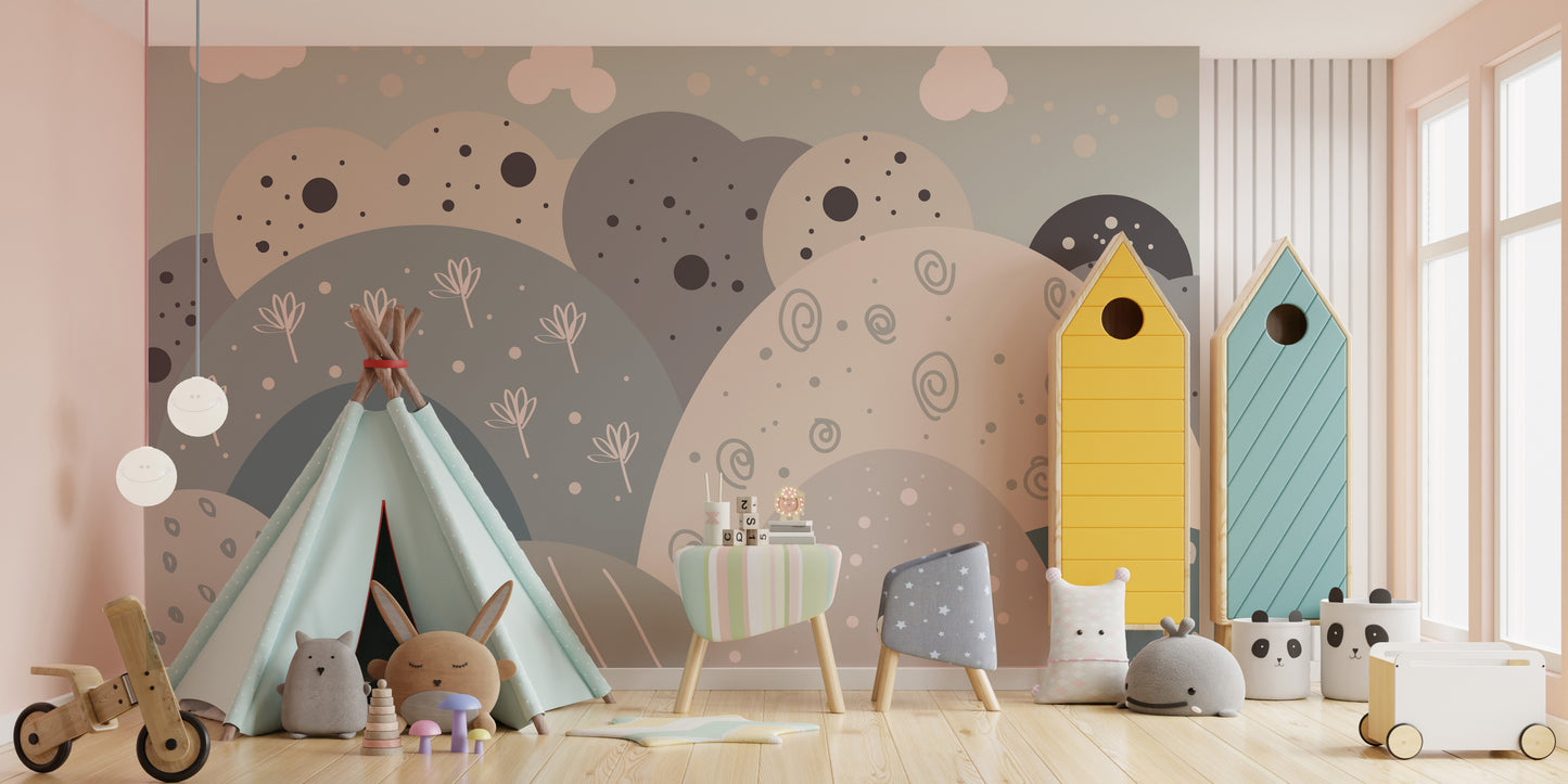 Dreamy wall mural of magical mountain land for peaceful decor.
