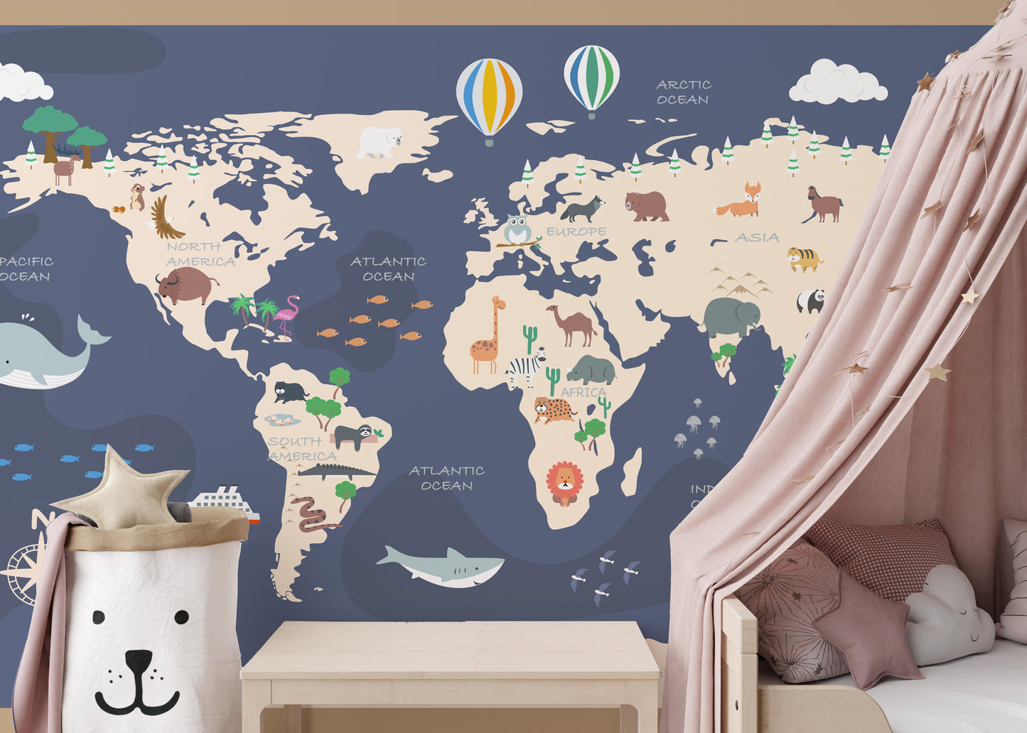 Wall mural capturing animated atlas themes for lively interiors.