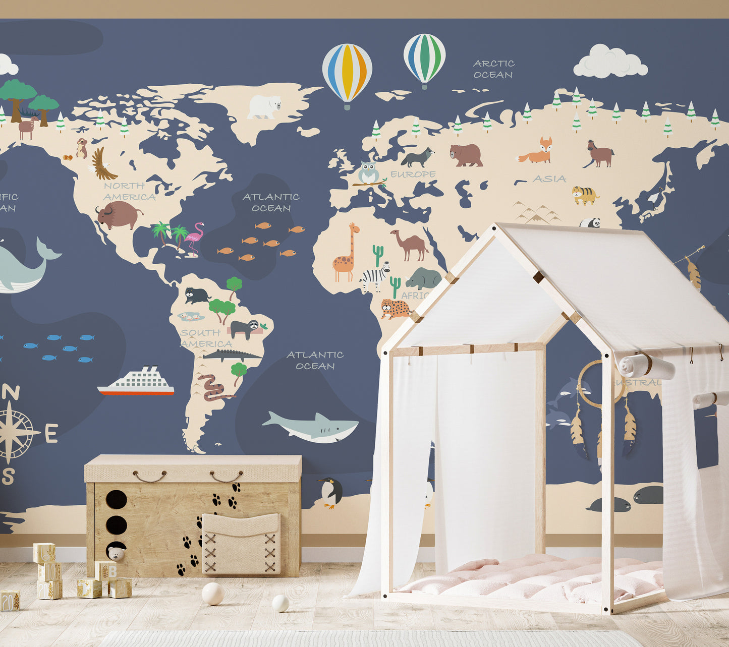 Adventure-themed mural featuring a playful animated atlas design.