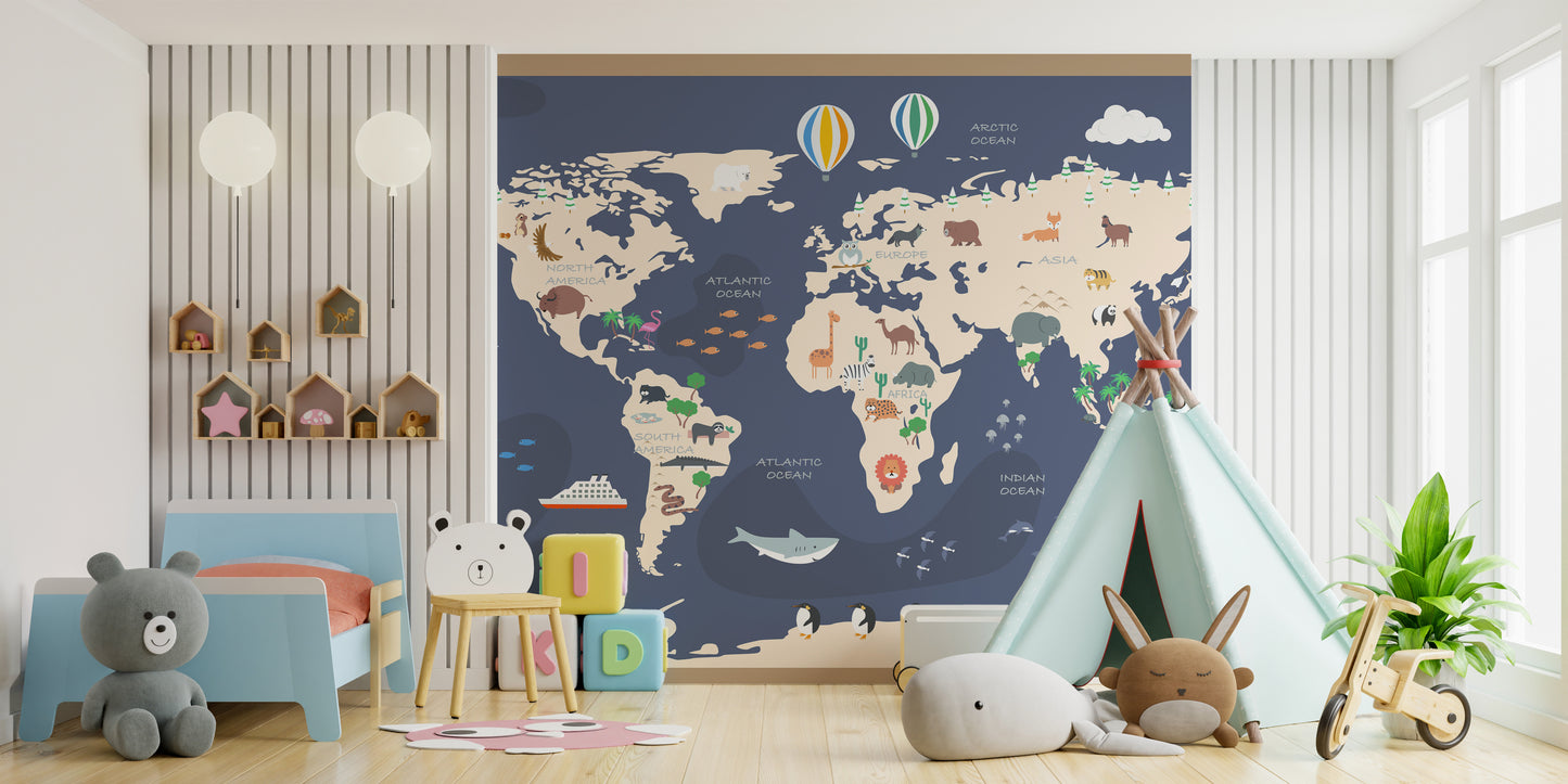 Animated mural of an atlas showcasing global adventures for kids.