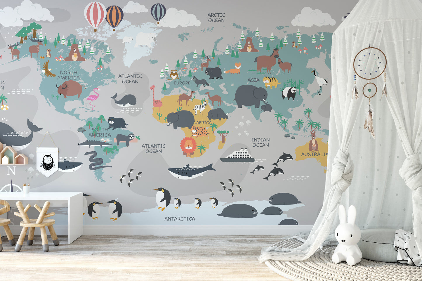 Imaginary map mural featuring explorers for adventurous wall decor.