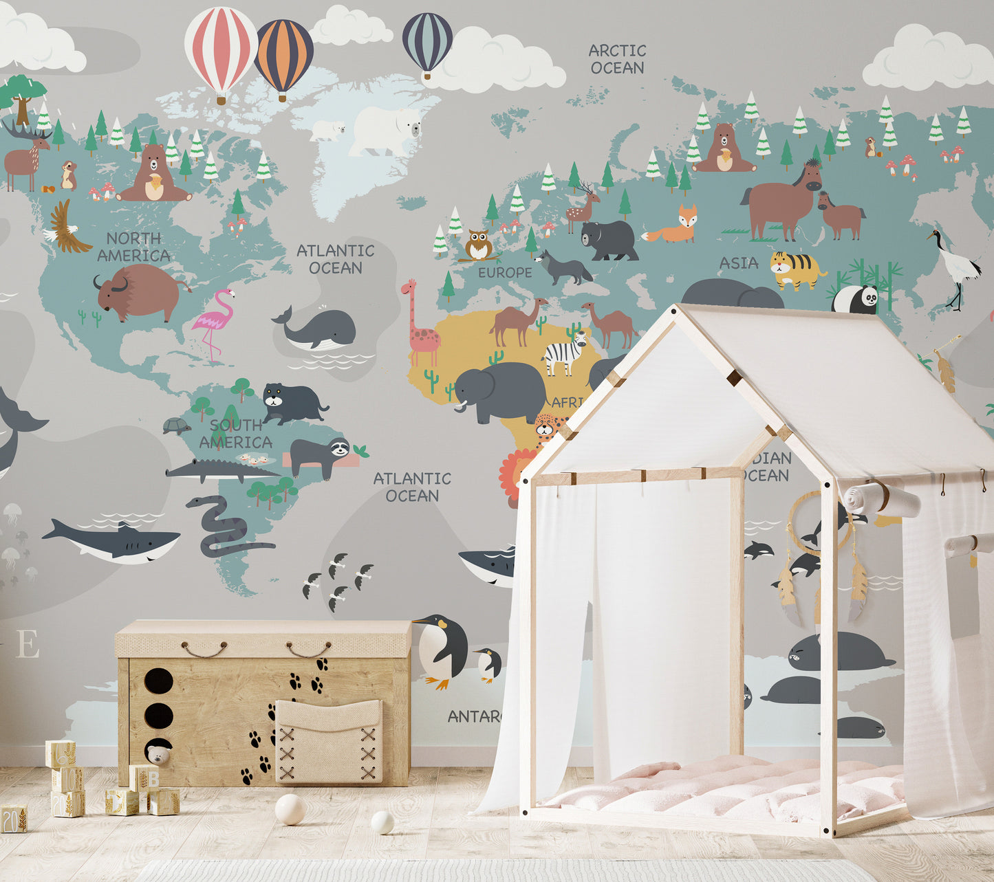 Adventure-inspired mural with imaginary maps and explorer designs.