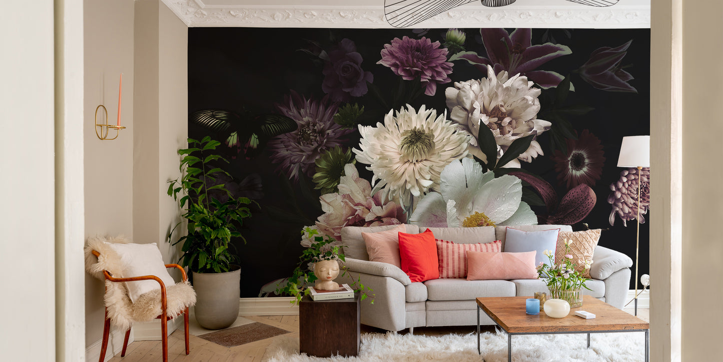 Delicate butterfly mural with lush bouquet patterns for walls.