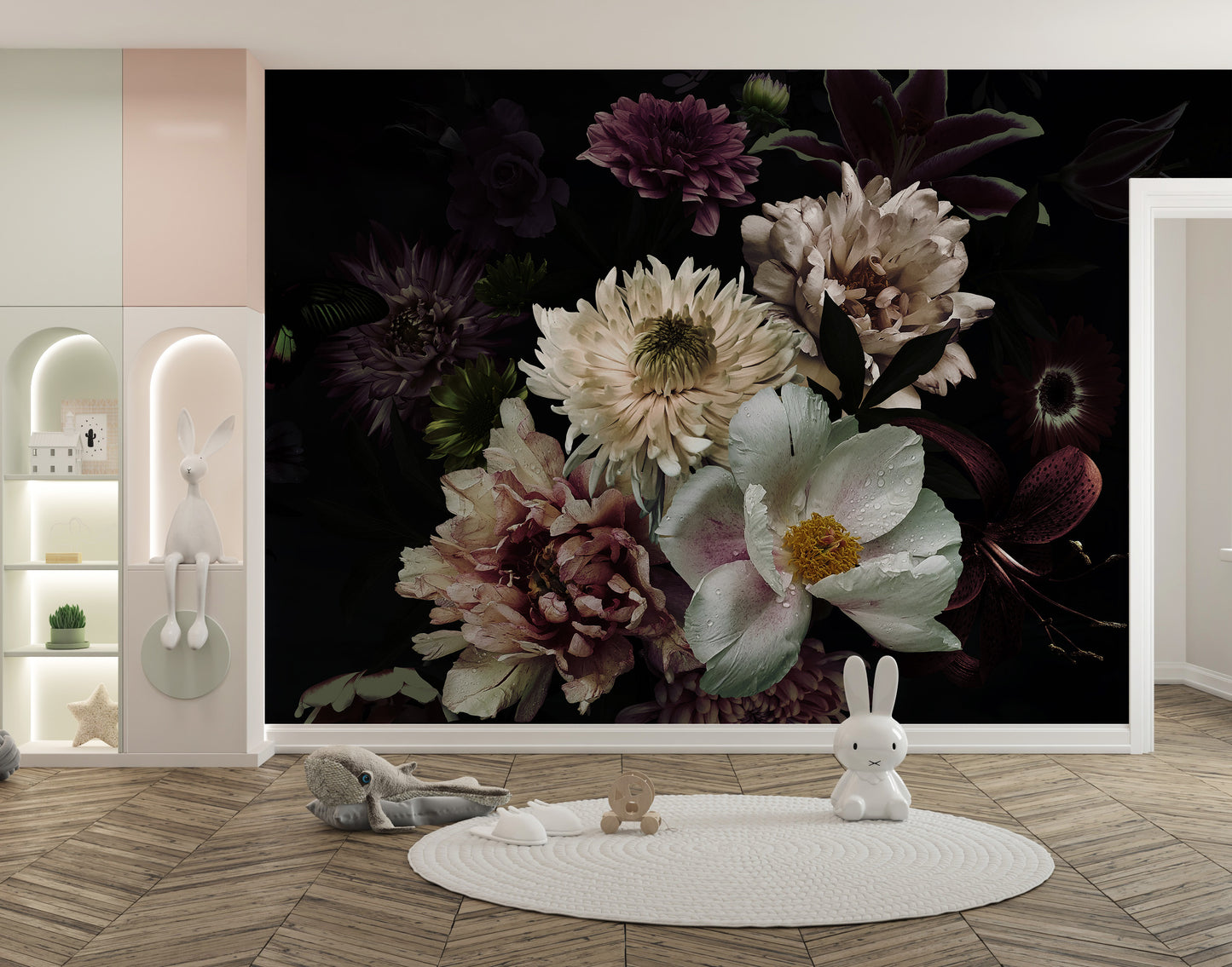 Artistic wallpaper showcasing a butterfly and floral oasis.