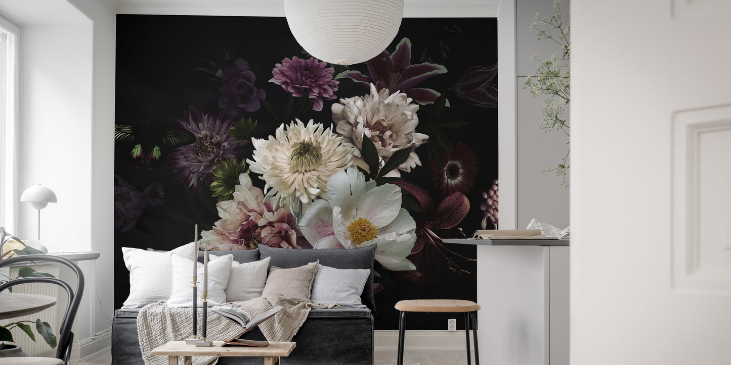 Oasis-inspired mural with vibrant butterflies and blossoms.