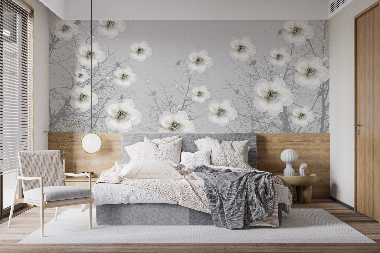 Sculpture garden mural with intricate gray floral patterns.