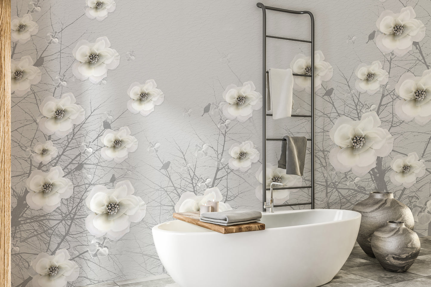 Artistic mural featuring gray floral elements and garden motifs.