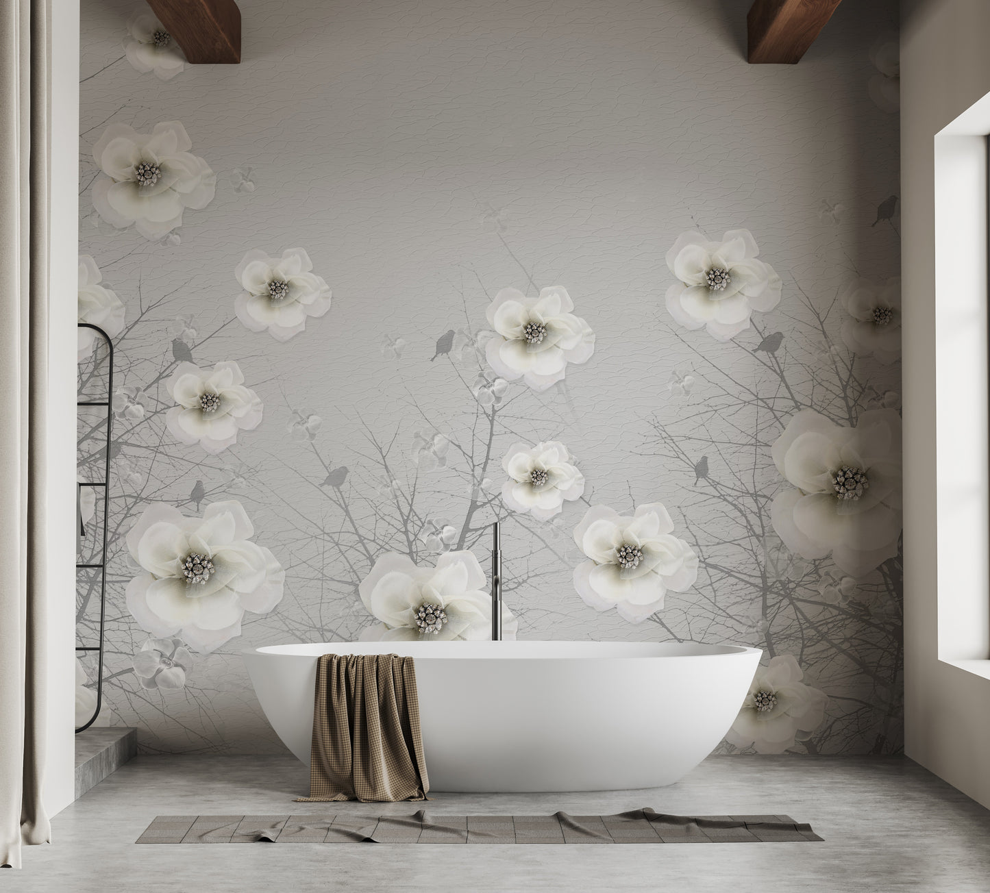 Graceful gray garden art mural showcasing floral sculptures.