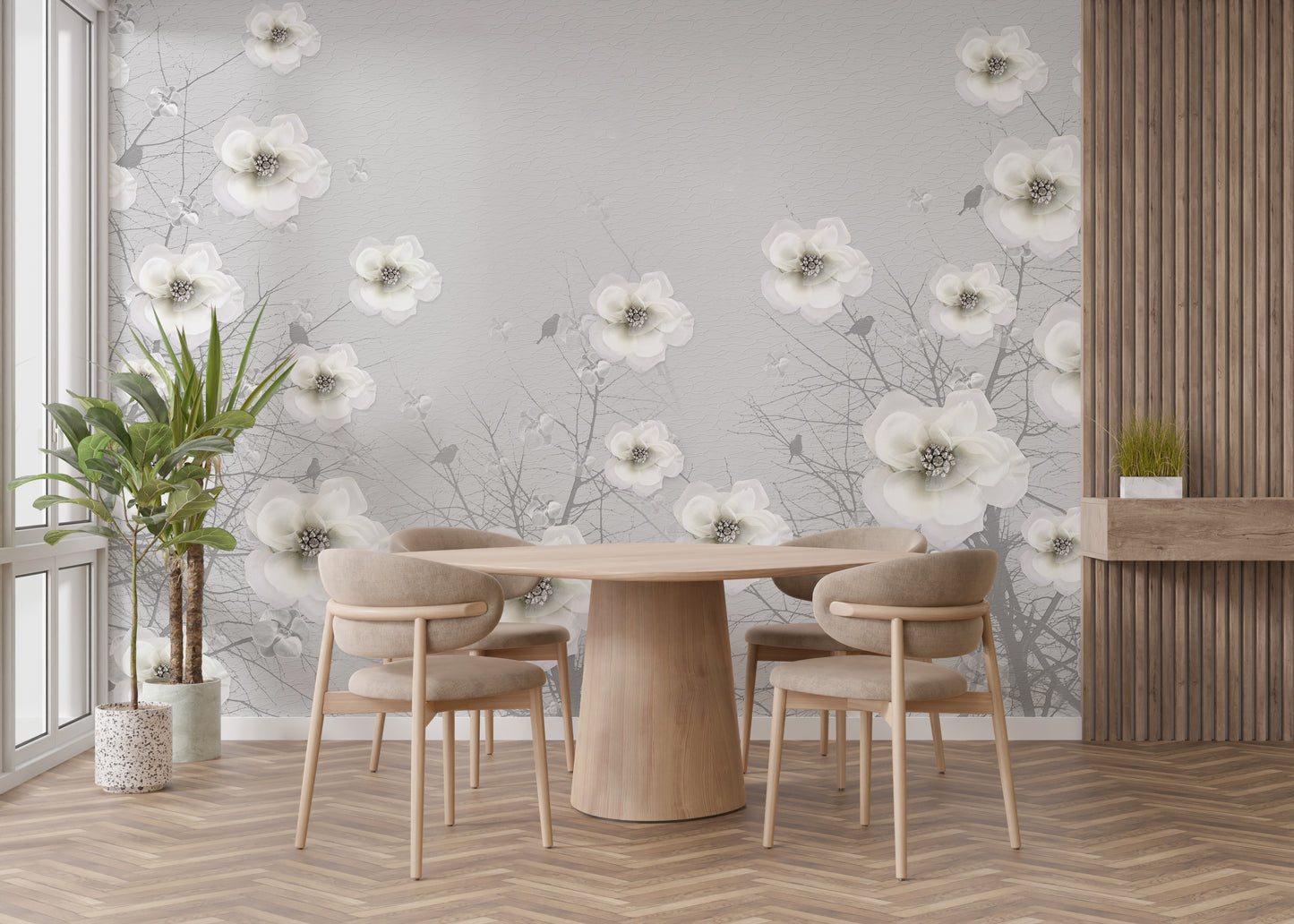 Subtle gray floral mural with a sculpture garden aesthetic.