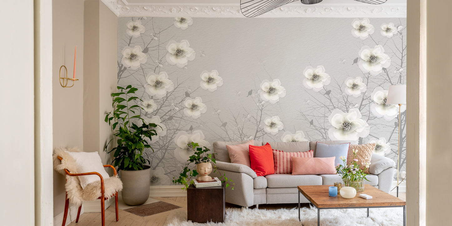 Sophisticated garden art mural with gray floral designs.