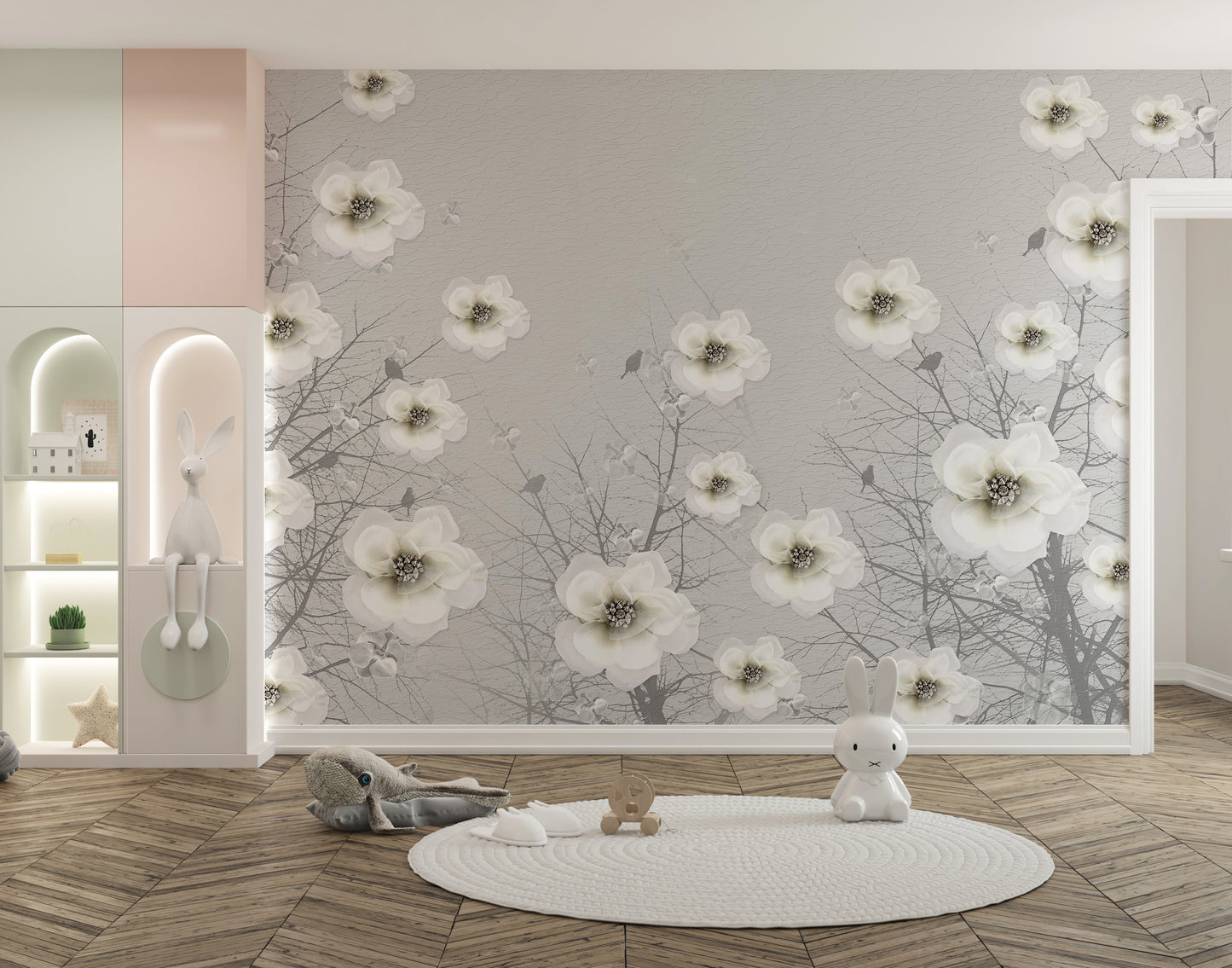Gray floral sculpture mural adding artistic charm to walls.