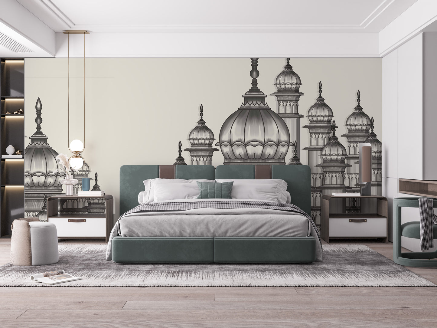 Grandeur of the Mughals mural for a classic and regal ambiance.