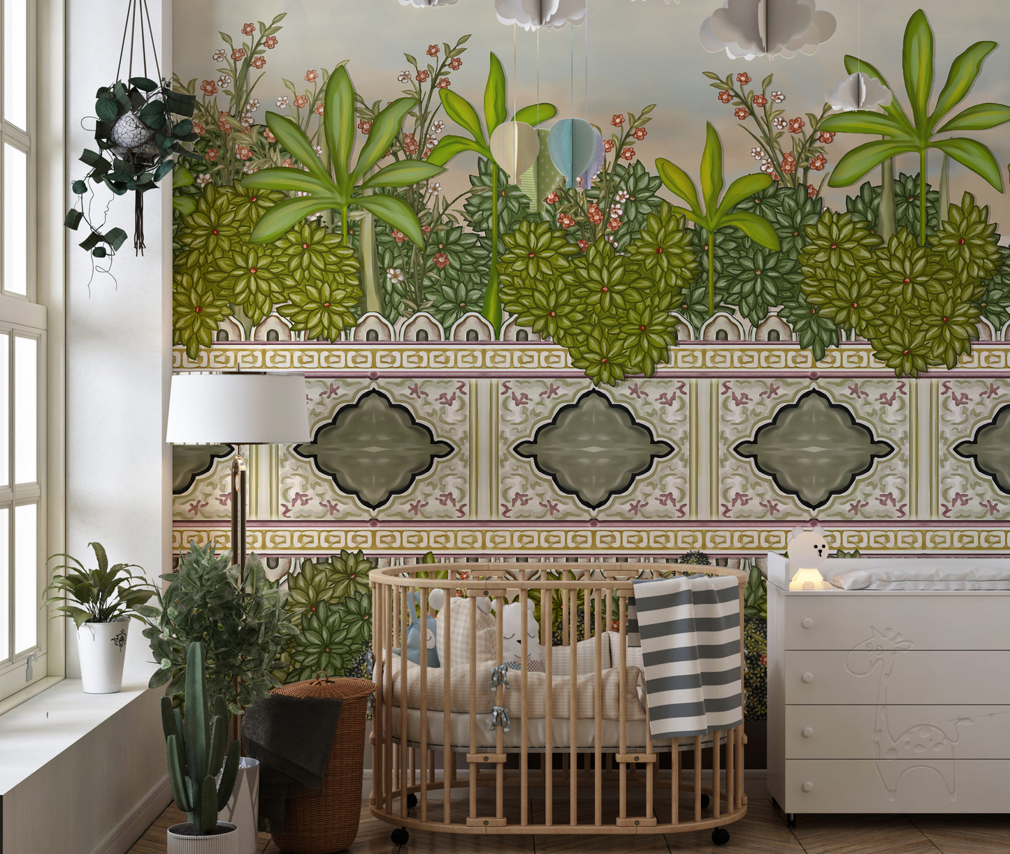 Palm oasis mural adding grandeur to sophisticated interiors.