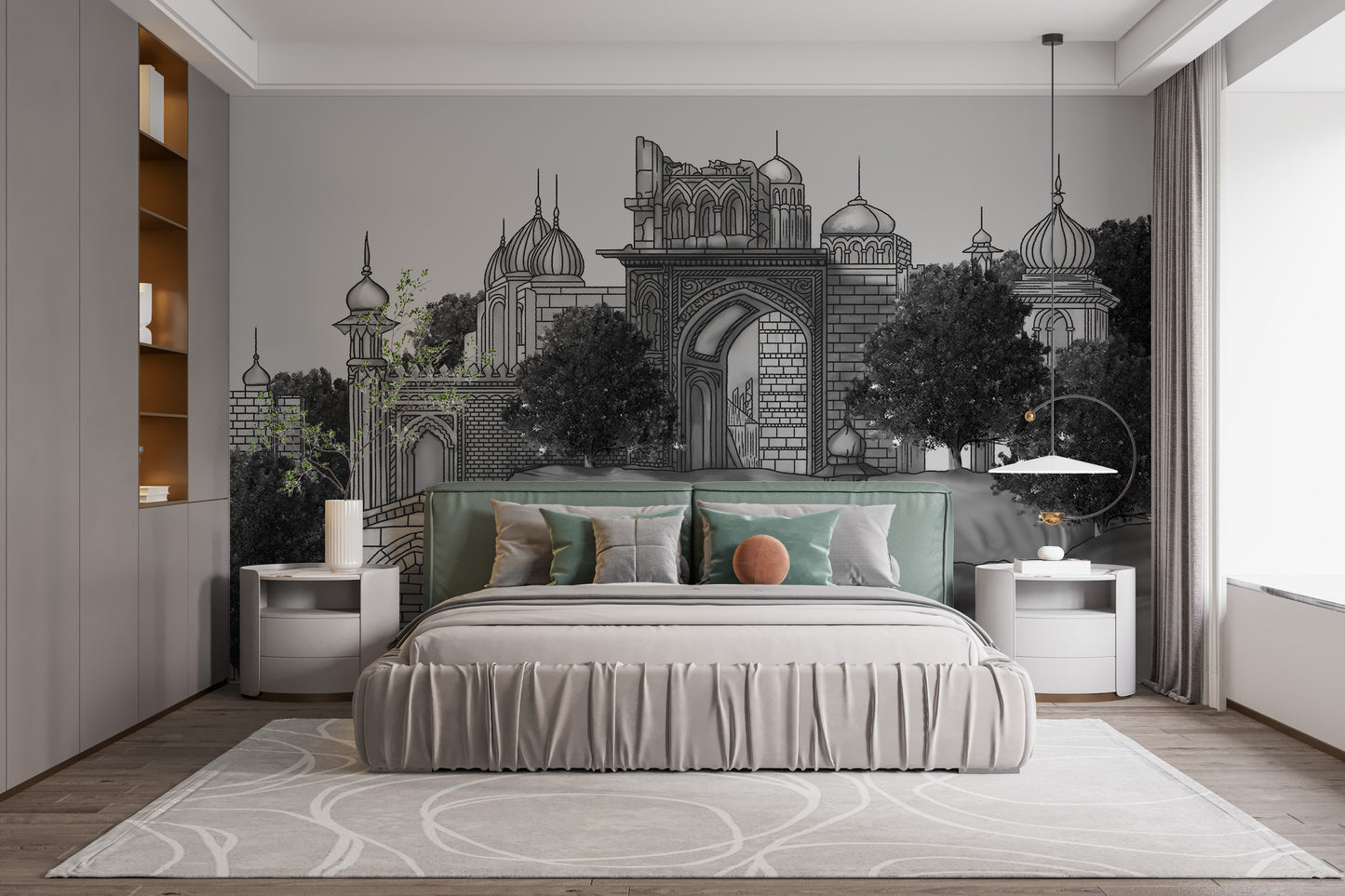Opulent mural inspired by the grandeur of Mughal architecture.