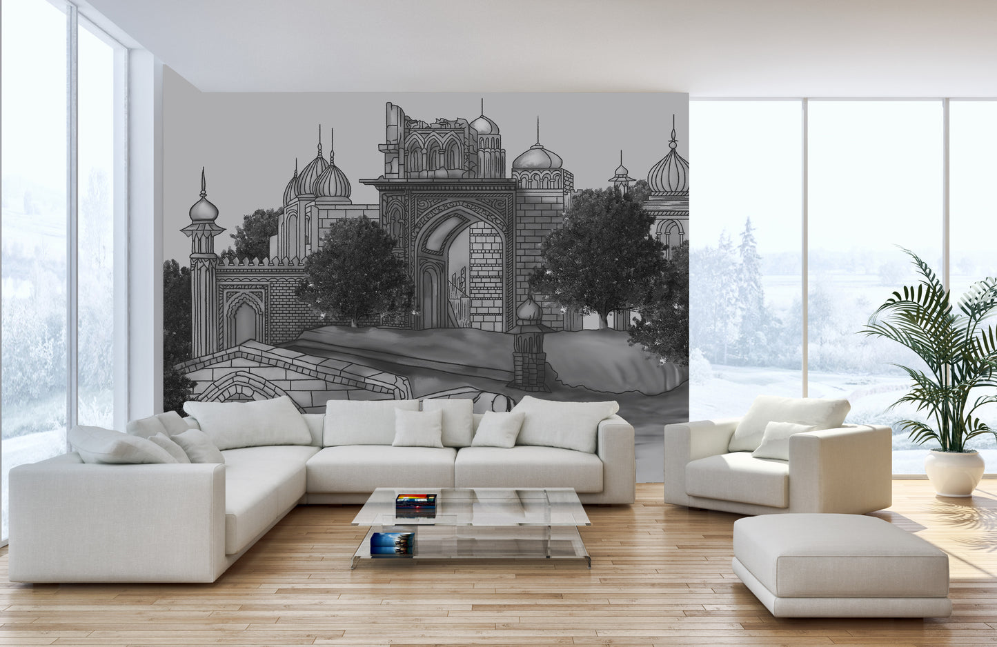 Mughal dwelling mural creating a serene and regal ambiance.