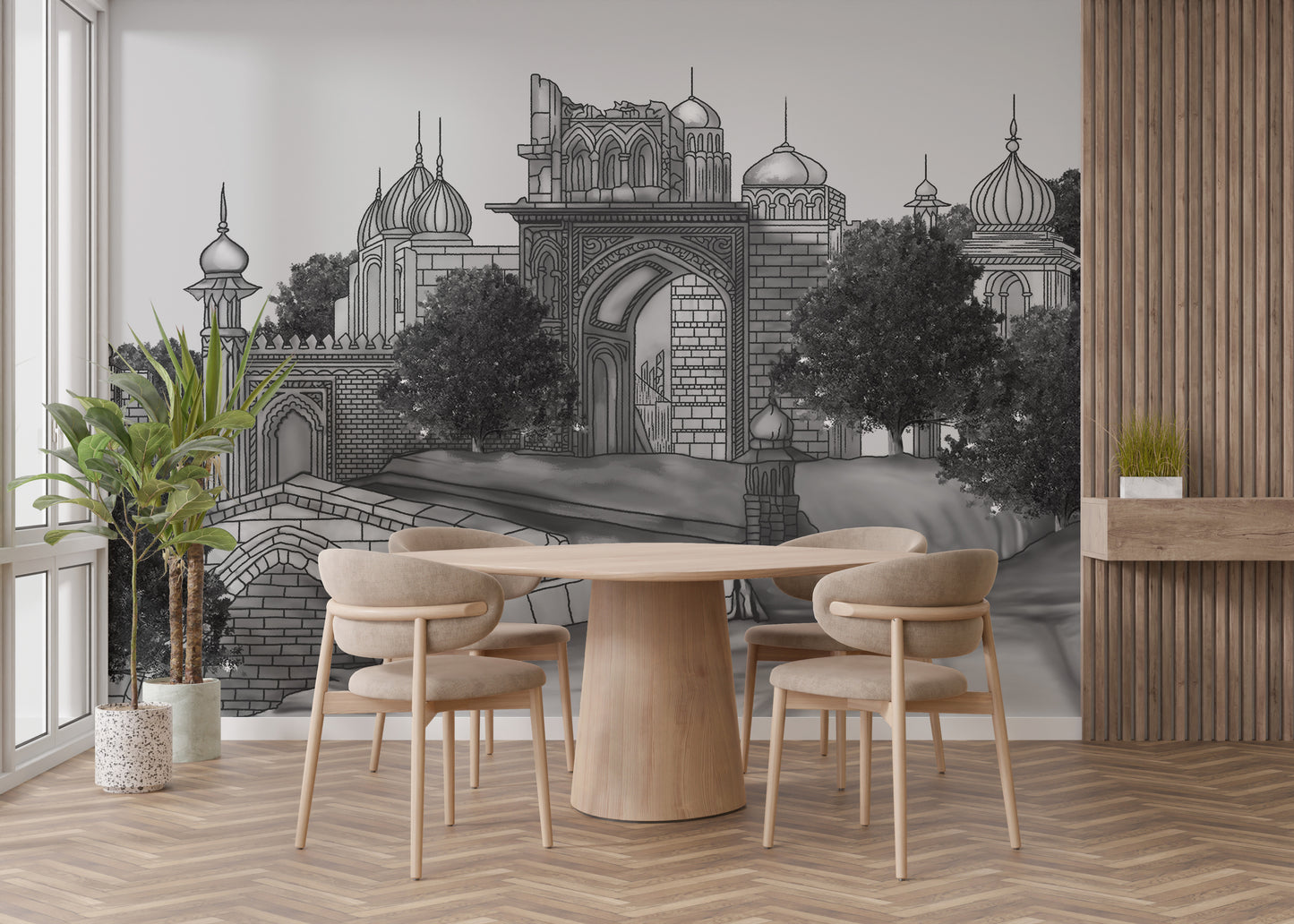 Sophisticated wallpaper featuring royal Mughal dwelling motifs.