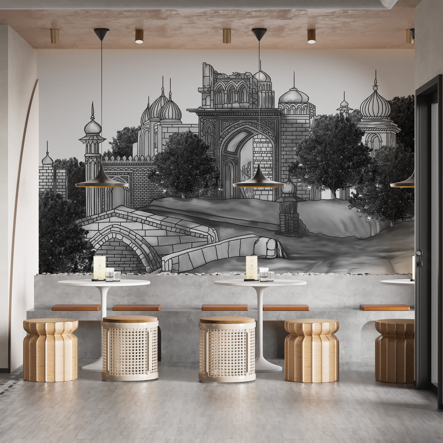 Intricate mural depicting a classic Mughal royal dwelling scene.
