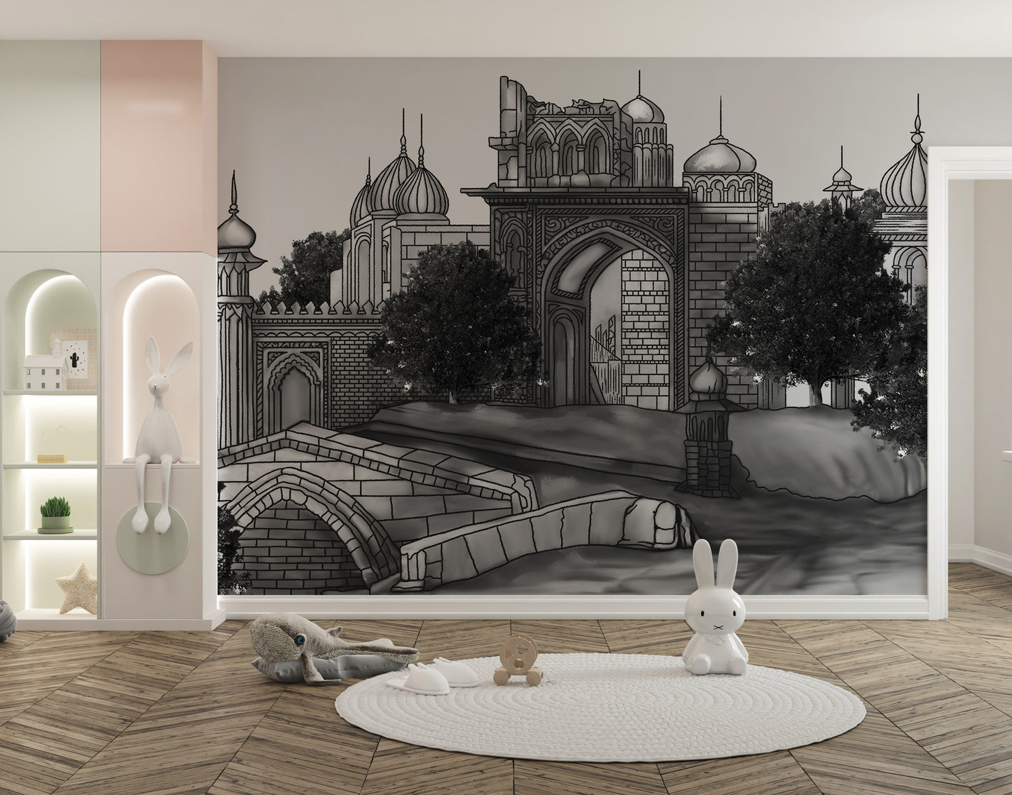 Artistic Mughal dwelling mural for a luxurious wall decor.