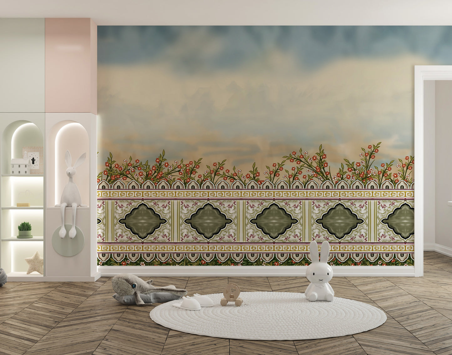 Mughal-inspired floral divider wall mural decor.